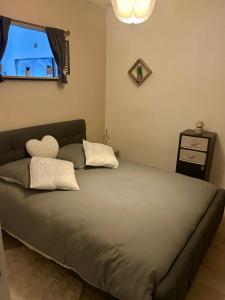 a bed with two pillows on it in a room at Le petit cocon côtois in La Côte-Saint-André