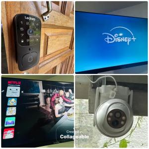 eine Collage aus Bildern einer Fernbedienung und eines Computers in der Unterkunft Izzy Blue House in Talamanca + 6 Fotos
