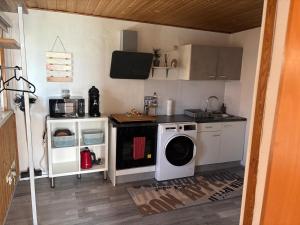 a kitchen with a washing machine and a microwave at Top location central in Rüsselsheim