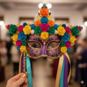 a person holding a mask with flowers on it at Chalés Vale da Luma in Cavalcante