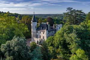 an aerial view of an old castle in the trees at château de Puymoger in Javerlhac-et-la-Chapelle-Saint-Robert