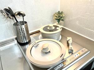 a counter top with a plate and a sink at Guest House Re-worth Yabacho1 302 in Nagoya +17 photos