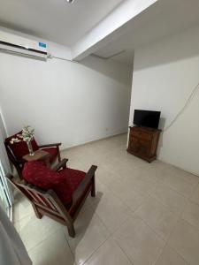 a living room with a chair and a tv at Apart Sur Catriel in Catriel