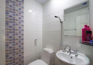 a bathroom with a sink and a toilet and a mirror at Dorandoran Guesthouse in Gyeongju +104 photos