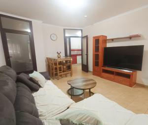 a living room with a couch and a flat screen tv at Casa Lili in Vélez-Rubio