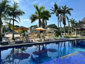 a swimming pool with chairs and umbrellas and palm trees at La casa blanca in Mezcales