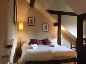 a bedroom with a large bed with purple pillows at Loft Altavista in Talloires