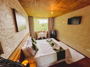 a bedroom with two beds and a television in it at Pousada All Green - Monte Verde in Monte Verde