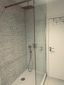a shower with a glass door in a bathroom at Apartment klein, fein, ruhig und gemütlich in Bochum