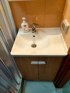 a bathroom sink with a soap bottle on it at casa vacanze Libeccio parcheggio privato in Sapri