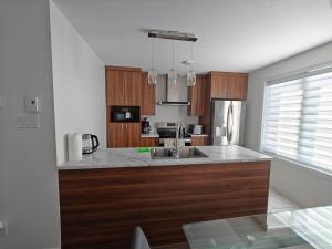 a kitchen with wooden cabinets and a stainless steel refrigerator at Appartement sur deux niveaux in Quebec City