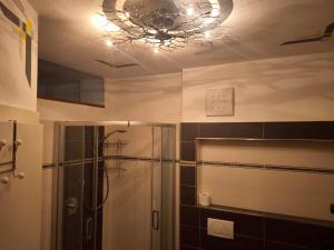 a bathroom with a shower and a chandelier at Klaus Luttach in Lutago