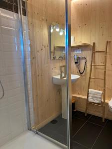 a bathroom with a sink and a shower at Chalet de Roselend in Beaufort