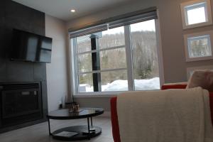 a living room with a couch and a fireplace and a window at La Casa TiMoris in Wentworth-Nord