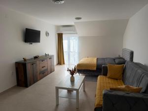 a living room with a couch and a bed at Apartmani Preradović in Pančevo