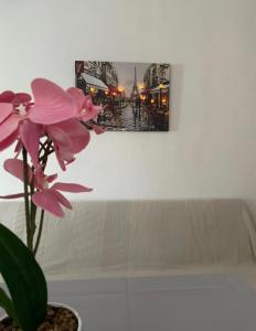 a pink flower in a vase with a picture on the wall at Zoes apartments in Orestiada +1 photo