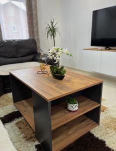a coffee table in a living room with flowers on it at Bulatović in Ðuranovići