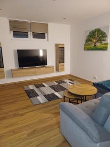 a living room with a couch and a tv and a table at Ferienapartment "Zur Linde" in Breitenstein