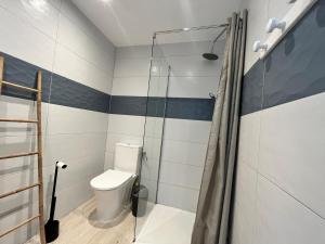 a bathroom with a toilet and a glass shower at Beautiful sea view studio in Lumio