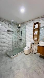 a bathroom with a shower and a toilet at Feliza Hotel and Suites in Abeokuta