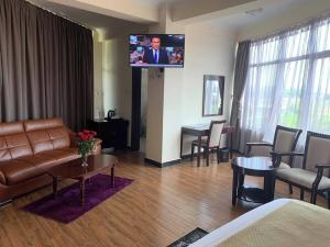 a living room with a couch and a flat screen tv at Delano Hotel in Bahir Dar