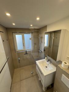 a bathroom with a sink and a shower at Dokazien in Waldems +7 photos