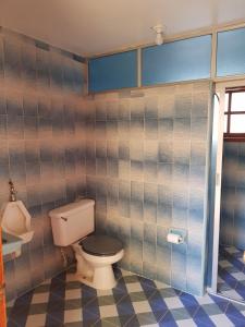 a bathroom with a toilet and a tiled wall at Very cute and spacious complete house with a fireplace! in Teziutlán