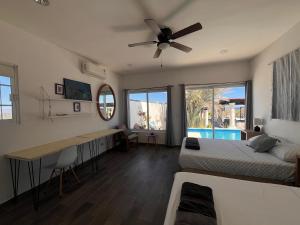 a bedroom with a bed and a desk and a ceiling fan at The Colony La Ventana in La Ventana