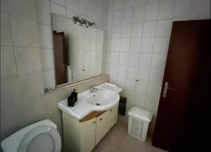 a bathroom with a sink and a toilet and a mirror at Zoes apartments in Orestiada