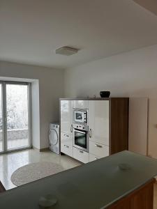 a kitchen with a stove and a microwave at Ferienwohnung Rössler in Brannenburg