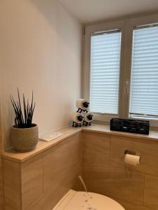 a bathroom with a toilet and two windows at Ferienwohnung Rössler in Brannenburg +8 photos