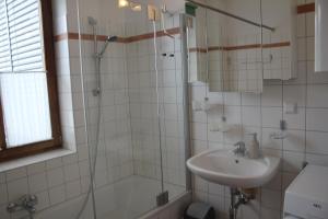 a bathroom with a shower and a sink at Ferienwohnungen Gritzner in Tröpolach +27 photos