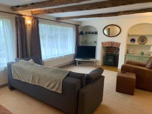 a living room with a couch and a television at The Old Stores in Bury Saint Edmunds