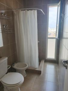 a bathroom with a toilet and a shower and a sink at Depto tranquilo y equipado cerca del mar in Puerto Madryn