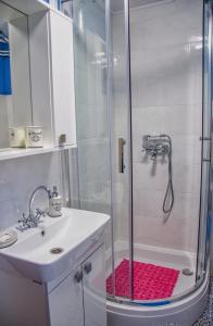 a white bathroom with a shower and a sink at Apartment Rašće in Ogulin +48 photos