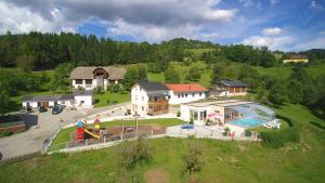 an aerial view of a large house with a pool at Panorama Hof Sereinig in Sankt Oswald