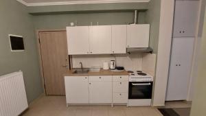 a small kitchen with white cabinets and a stove at Christina Apartment 2 in Drama