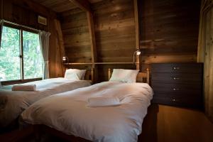 two beds in a room with wooden walls at Yukiita Lodge in Hakuba