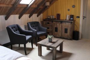 ein Schlafzimmer mit zwei Stühlen, einem Tisch und einem Bett in der Unterkunft De Jagersloft in Wedde