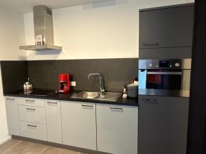 a kitchen with white cabinets and a sink at 't Wellement in Denderleeuw +7 photos