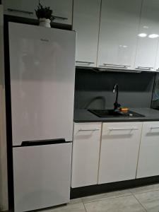 a kitchen with a white refrigerator and a sink at JULIA Apartament- Oświęcim in Oświęcim