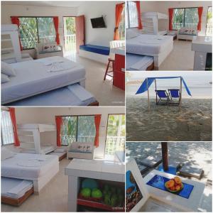 a collage of photos of a bedroom with beds and a table at Cabanas Recreaciones in Coveñas +59 photos