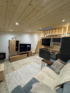a living room with a couch and a tv at Studio PRINTEMPS in Sens +3 photos