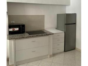 a kitchen with a counter with a microwave and a refrigerator at Fiore Apartments in Fiorenzuola dʼArda +24 photos