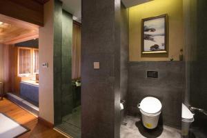 a bathroom with a shower and a toilet in it at 见天会馆 in Lijiang