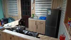 a kitchen with a stove and a refrigerator at Cabaña monoambiente N 2 in Chaitén