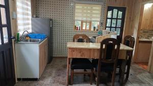 a kitchen with a counter and a sink and a refrigerator at Cabaña monoambiente N 2 in Chaitén +6 photos