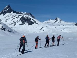 a group of people cross country skiing in the snow at Tyinholmen hytter in Eidsbugarden