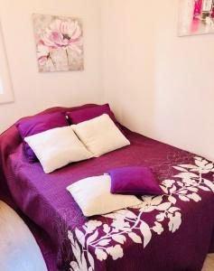 a bedroom with a purple bed with pillows on it at Maisonnette Les Coraux residence prive avec piscine in Canet-en-Roussillon