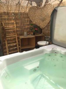 a bath tub in a room with a toilet at Studio sur agde, avec cour, parking et spa en option à 30e par jour in Agde